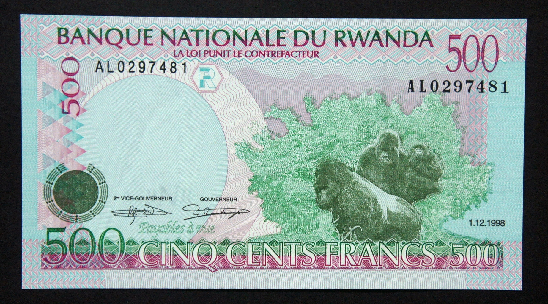 1998 Rwanda money 500 Francs Banknote Gorilla Family